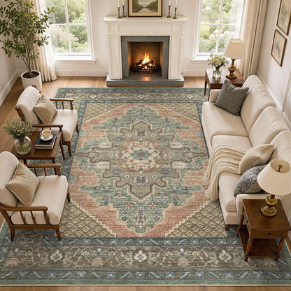 Tortania Area Rug 5x7 Living Room Rug Washable Soft Cream/Blue
