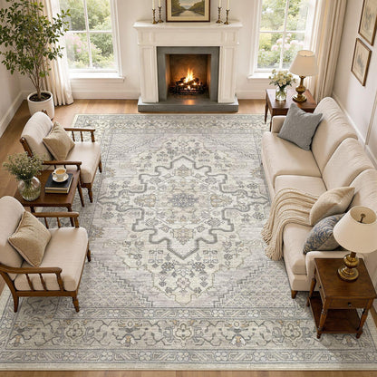 Tortania Area Rug 5x7 Living Room Rug Washable Soft Cream/Blue