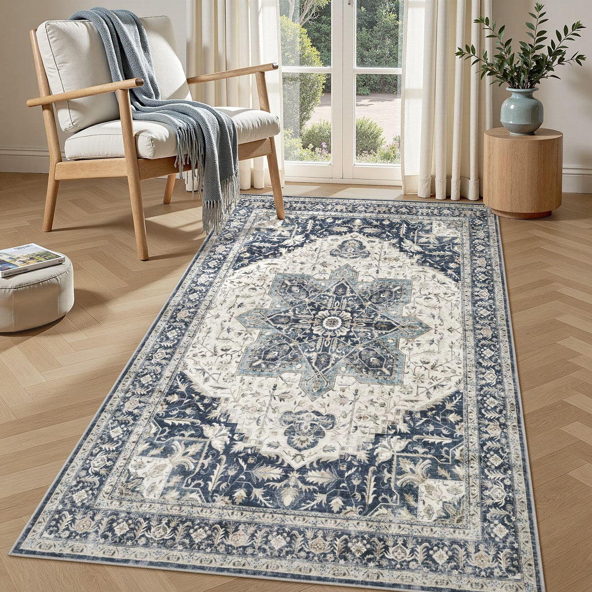 Tortania Area Rug 5x7 Living Room Rug Washable Soft Cream/Blue