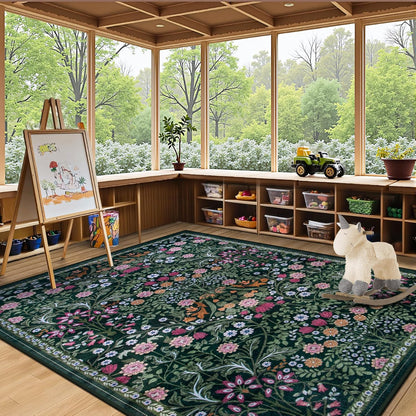 PLHXFR Area Rug Living Room: 5x7 Floral Washable Boho Carpet Dark Green