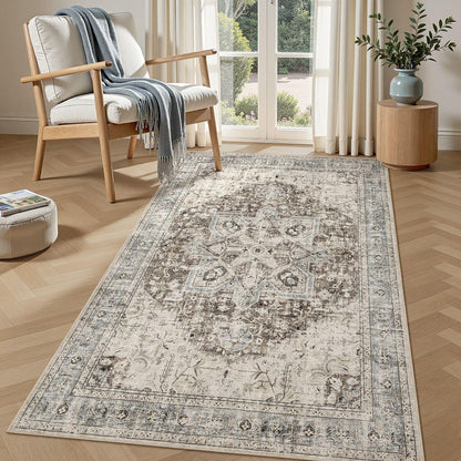Tortania Area Rug 5x7 Living Room Rug Washable Soft Cream/Blue