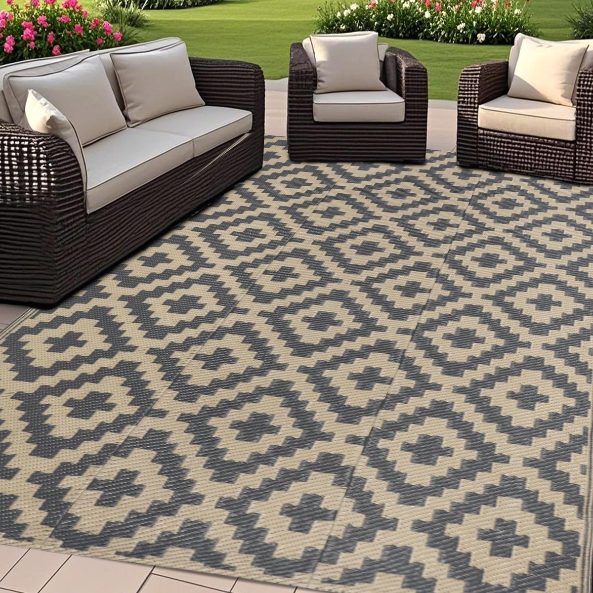 SAND MINE Waterproof Outdoor Rug 5x8 ft, Plastic Reversible Rug, Modern Area Rug, Large Floor Mat for Outdoors, RV, Patio, Backyard, Deck, Picnic, Beach, Camping, Black & Beige