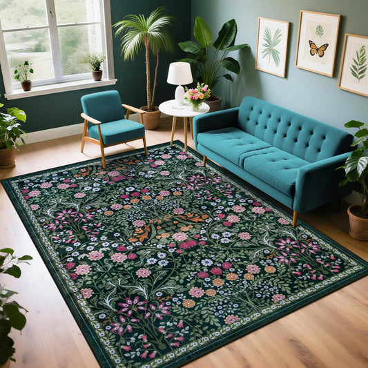 PLHXFR Area Rug Living Room: 5x7 Floral Washable Boho Carpet Dark Green