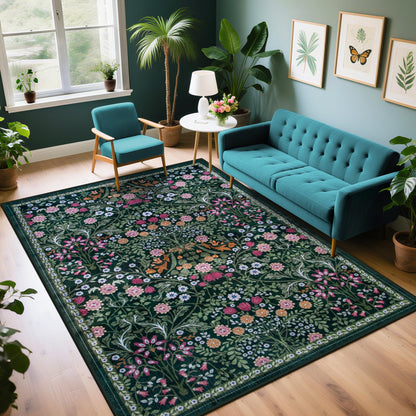 PLHXFR Area Rug Living Room: 5x7 Floral Washable Boho Carpet Dark Green