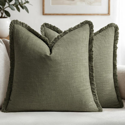 MIULEE Linen Fringe Decorative Throw Pillow Covers Natural Beige 20x20