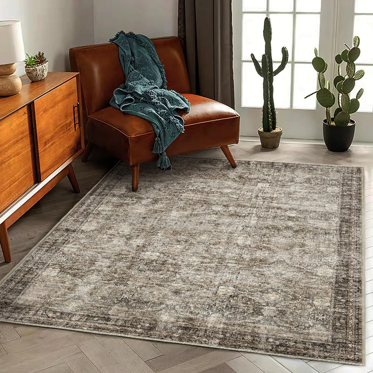 CHAMPLANT 6'x9' Washable Vintage Area Rug Boho Chic Medallion Distressed Design Non-Shedding Easy Care Ideal for High Traffic Areas in Living Room Bedroom Kitchen Office Large Carpet