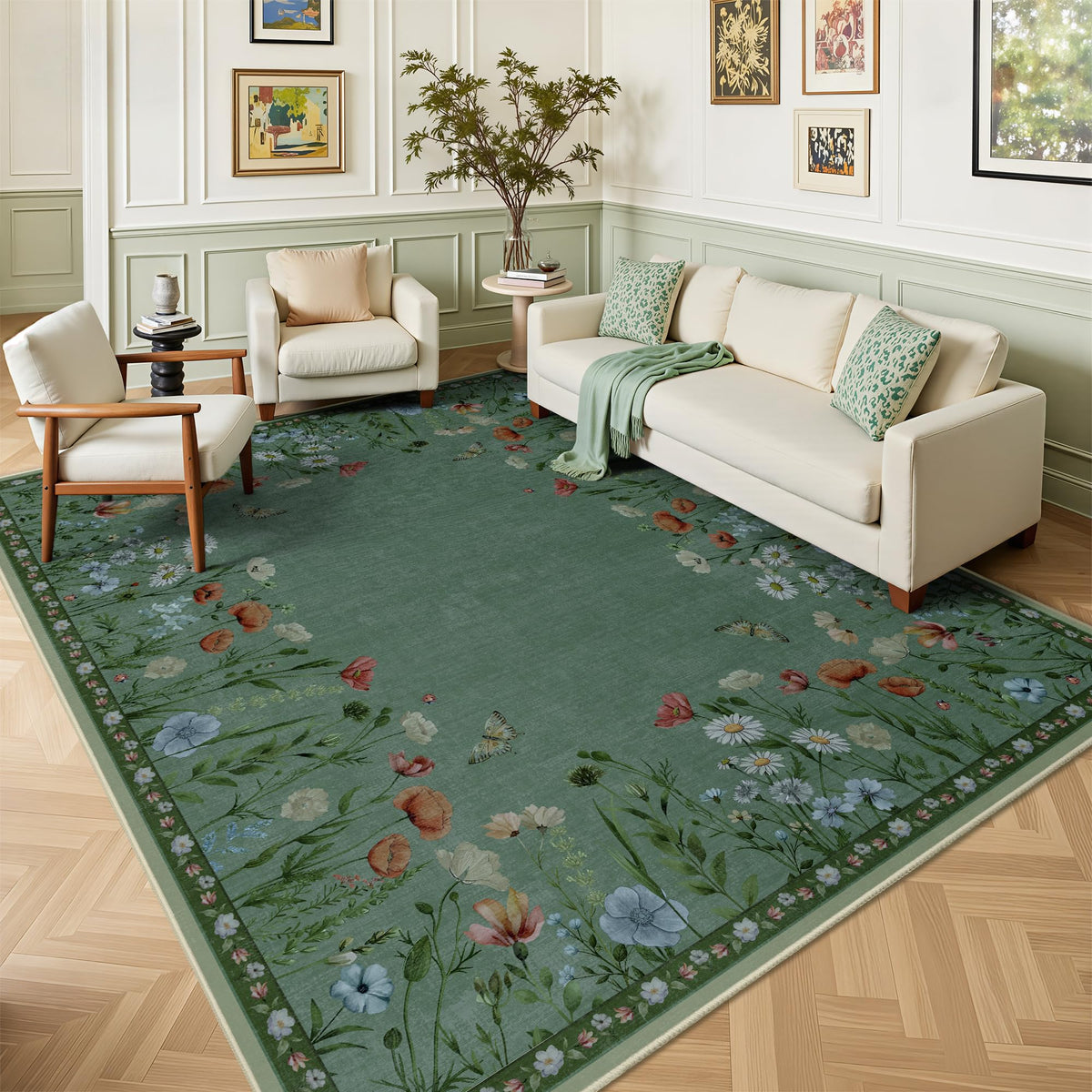 8x10 Area Rugs, Machine Washable Low Pile Floral Rugs for Living Room, Bedroom, Large Boho Area Rug with Non-Slip Backing for Dining Room(Beige Floral)