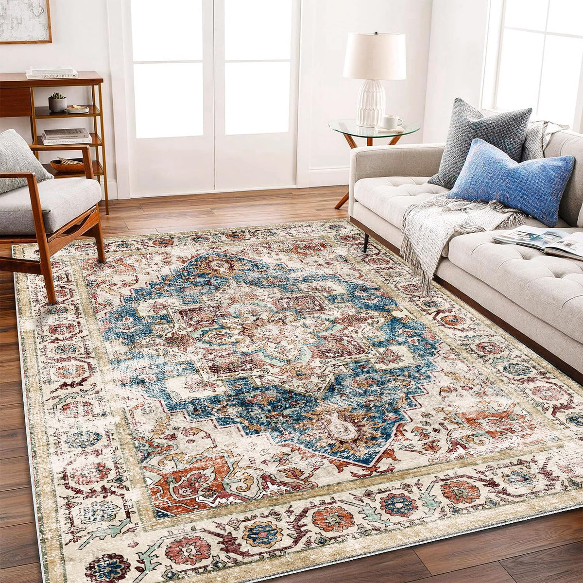 CHAMPLANT 6'x9' Washable Vintage Area Rug Boho Chic Medallion Distressed Design Non-Shedding Easy Care Ideal for High Traffic Areas in Living Room Bedroom Kitchen Office Large Carpet
