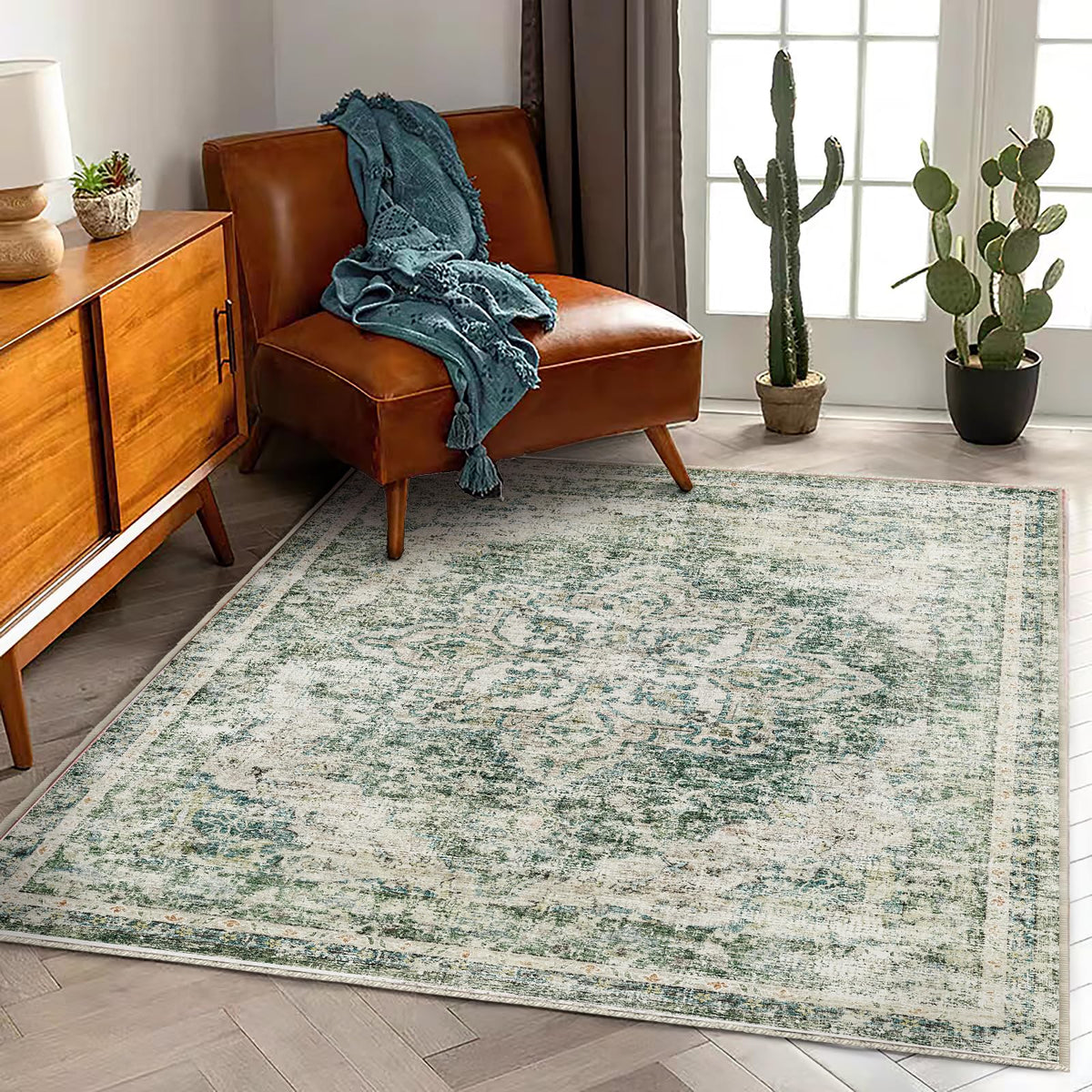 CHAMPLANT 6'x9' Washable Vintage Area Rug Boho Chic Medallion Distressed Design Non-Shedding Easy Care Ideal for High Traffic Areas in Living Room Bedroom Kitchen Office Large Carpet