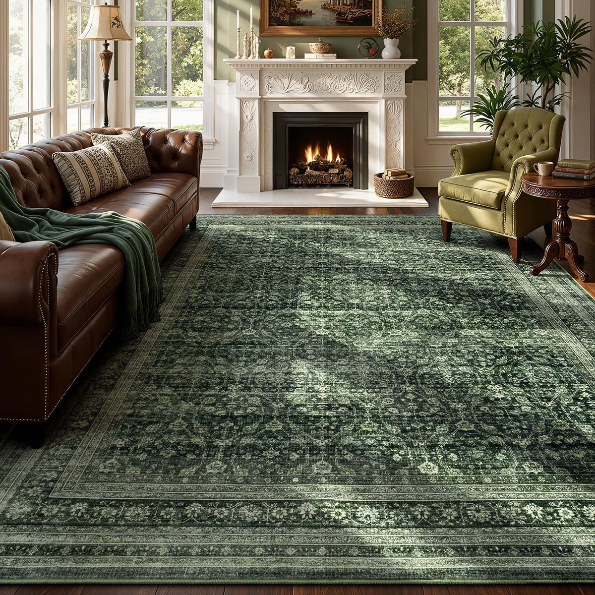 8x10 Area Rugs for Living Room Green Washable Non-Slip Large Carpet