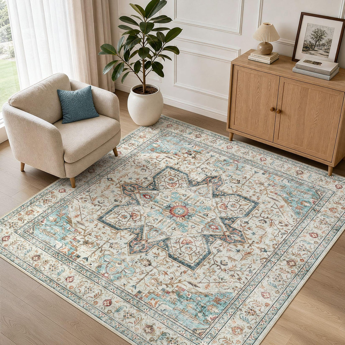 Tortania Area Rug 5x7 Living Room Rug Washable Soft Cream/Blue