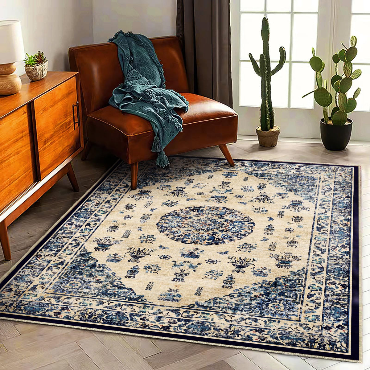CHAMPLANT 6'x9' Washable Vintage Area Rug Boho Chic Medallion Distressed Design Non-Shedding Easy Care Ideal for High Traffic Areas in Living Room Bedroom Kitchen Office Large Carpet