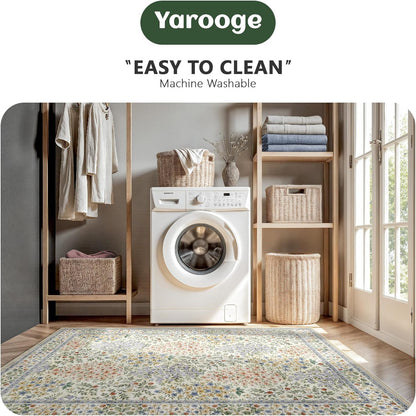 8x10 Area Rugs, Machine Washable Low Pile Floral Rugs for Living Room, Bedroom, Large Boho Area Rug with Non-Slip Backing for Dining Room(Beige Floral)