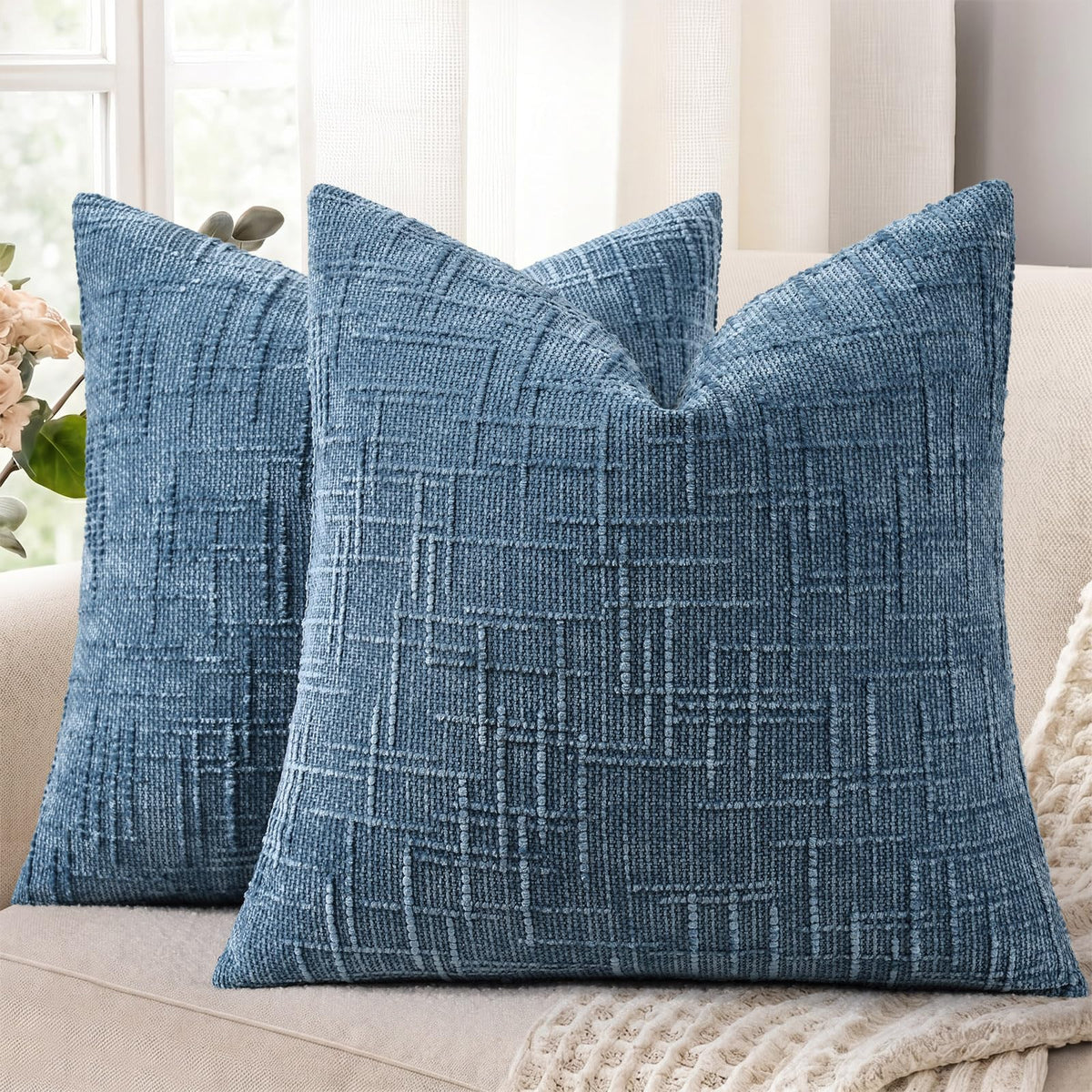 decorUhome Textured Chenille Throw Pillow Covers 18x18 Set of 2 Cream White