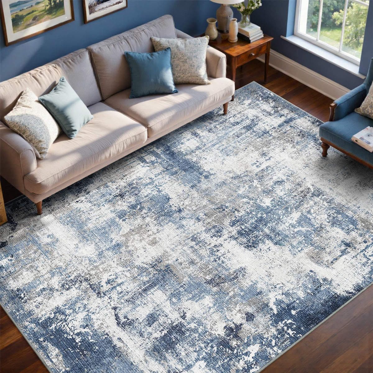 6x9 Ft Abstract Washable Area Rugs for Living Room Blue