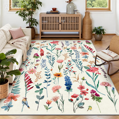 8x10 Area Rugs, Machine Washable Low Pile Floral Rugs for Living Room, Bedroom, Large Boho Area Rug with Non-Slip Backing for Dining Room(Beige Floral)