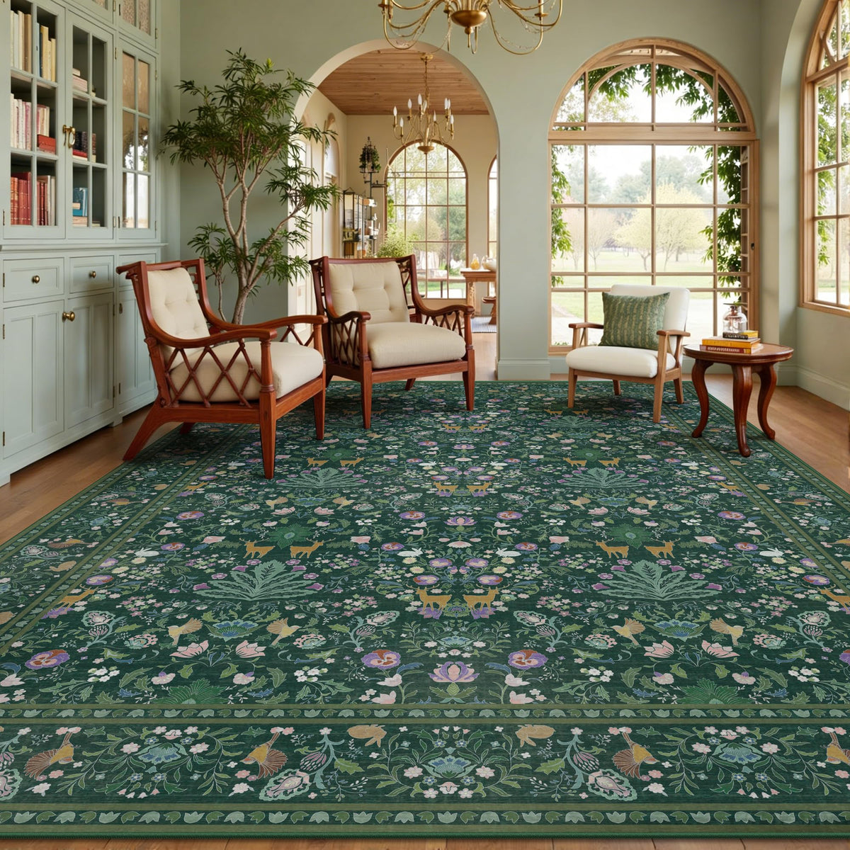 8x10 Area Rugs, Machine Washable Low Pile Floral Rugs for Living Room, Bedroom, Large Boho Area Rug with Non-Slip Backing for Dining Room(Beige Floral)