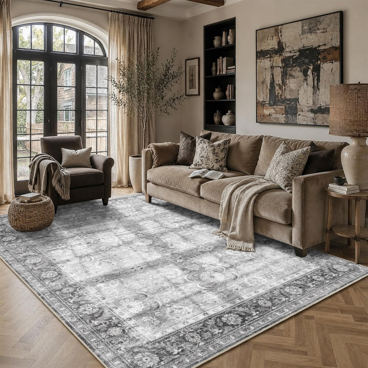 JOOJA 6x9 Brown Vintage Boho Washable Area Rug, Soft Low Pile Floor Carpet