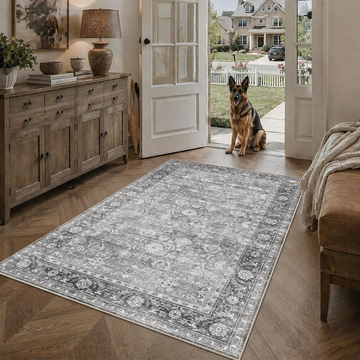 JOOJA 6x9 Brown Vintage Boho Washable Area Rug, Soft Low Pile Floor Carpet