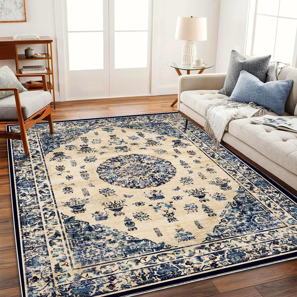 CHAMPLANT 6'x9' Washable Vintage Area Rug Boho Chic Medallion Distressed Design Non-Shedding Easy Care Ideal for High Traffic Areas in Living Room Bedroom Kitchen Office Large Carpet