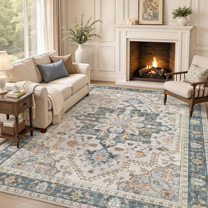 Tortania Area Rug 5x7 Living Room Rug Washable Soft Cream/Blue