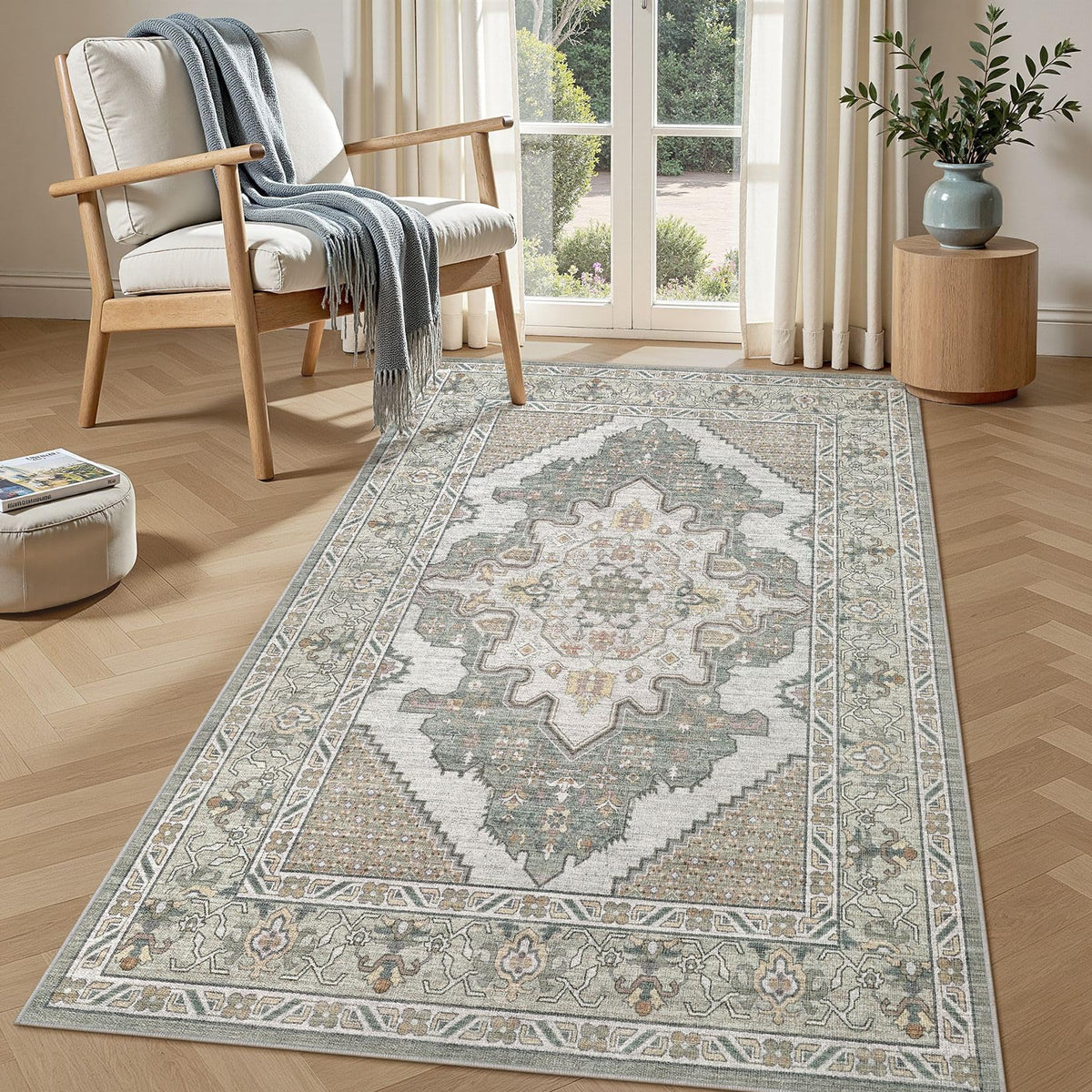 Tortania Area Rug 5x7 Living Room Rug Washable Soft Cream/Blue