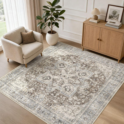 Tortania Area Rug 5x7 Living Room Rug Washable Soft Cream/Blue
