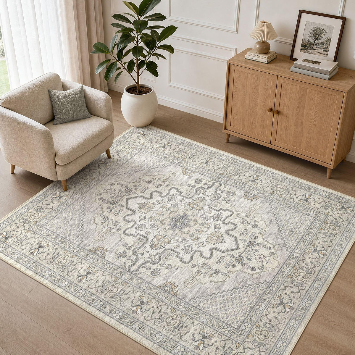 Tortania Area Rug 5x7 Living Room Rug Washable Soft Cream/Blue