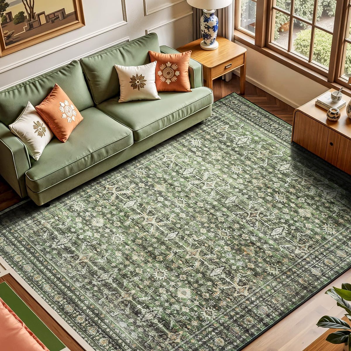 8x10 Area Rugs for Living Room Green Washable Non-Slip Large Carpet
