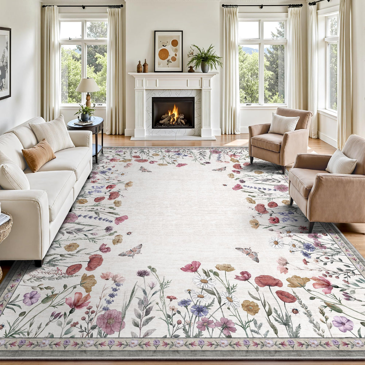 8x10 Area Rugs, Machine Washable Low Pile Floral Rugs for Living Room, Bedroom, Large Boho Area Rug with Non-Slip Backing for Dining Room(Beige Floral)