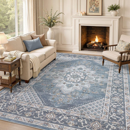 Tortania Area Rug 5x7 Living Room Rug Washable Soft Cream/Blue