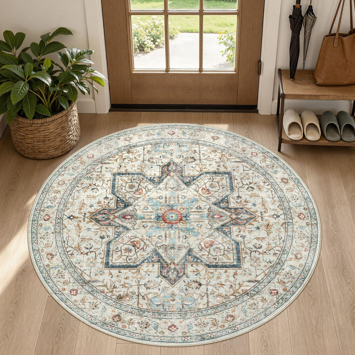 Tortania Area Rug 5x7 Living Room Rug Washable Soft Cream/Blue