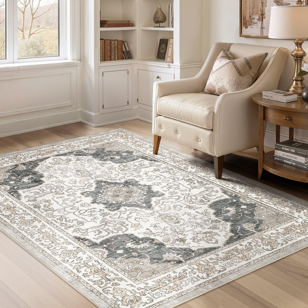 cotiled 5x7 Area Rug for Living Room, Washable, Traditional, Beige