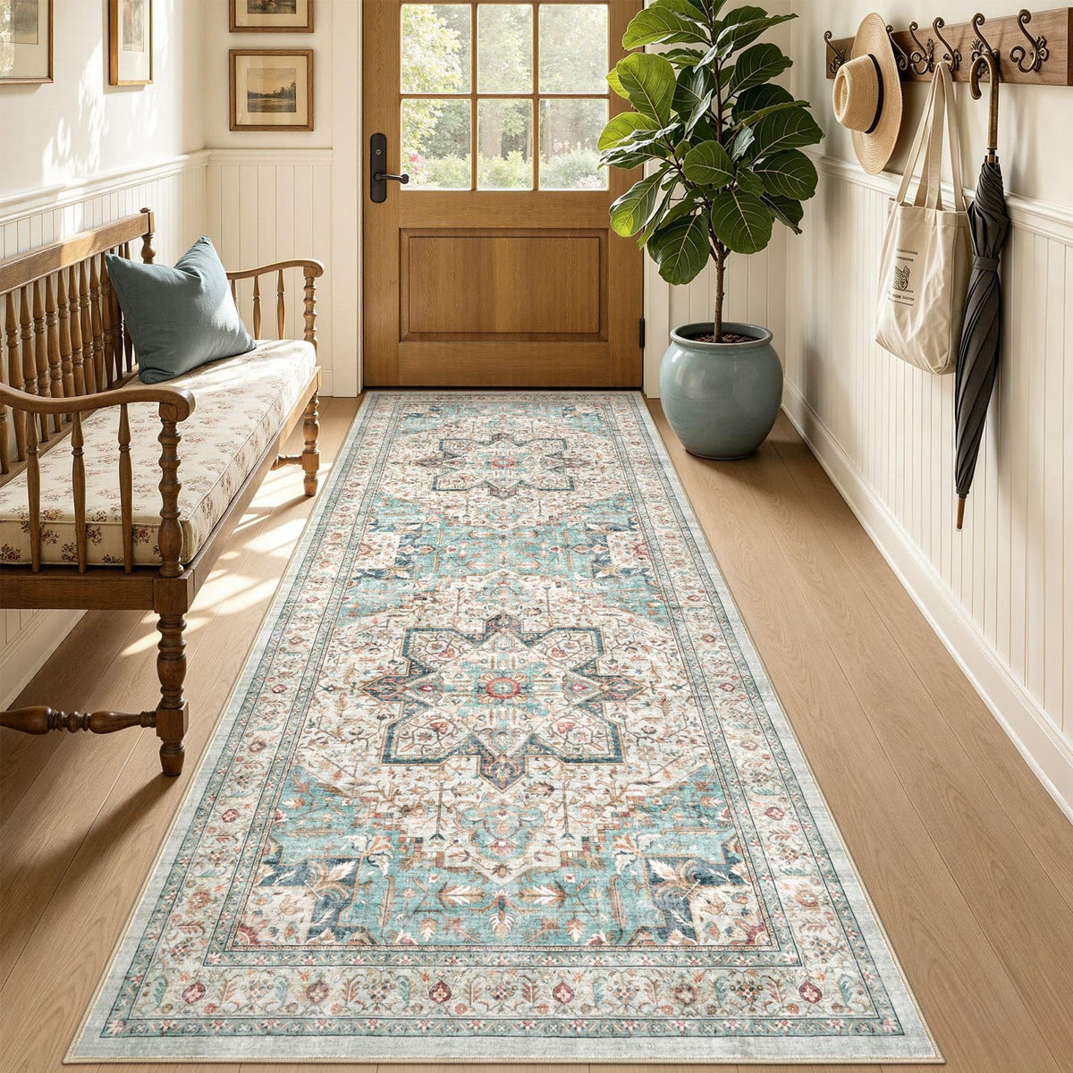 Tortania Area Rug 5x7 Living Room Rug Washable Soft Cream/Blue