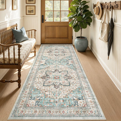 Tortania Area Rug 5x7 Living Room Rug Washable Soft Cream/Blue