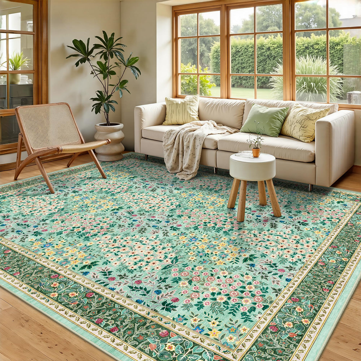 8x10 Area Rugs, Machine Washable Low Pile Floral Rugs for Living Room, Bedroom, Large Boho Area Rug with Non-Slip Backing for Dining Room(Beige Floral)