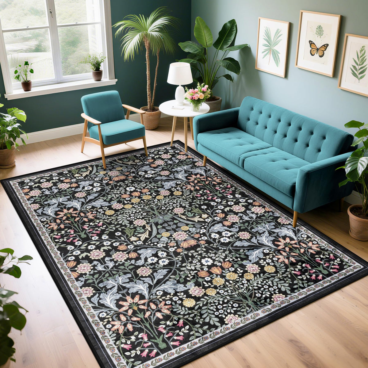 PLHXFR Area Rug Living Room: 5x7 Floral Washable Boho Carpet Dark Green