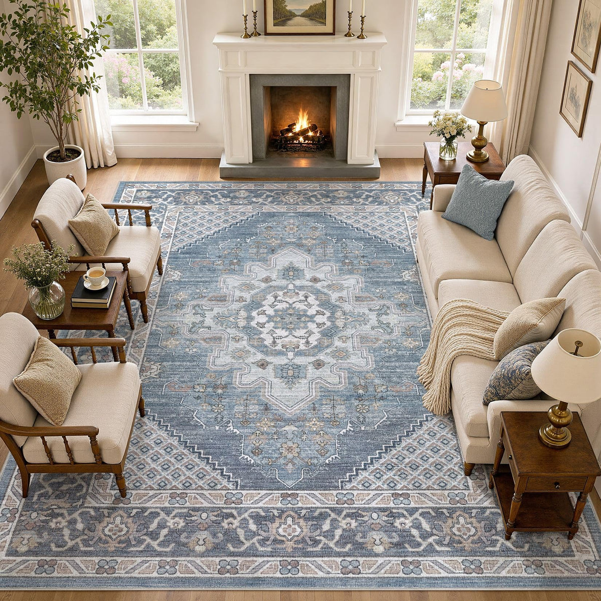 Tortania Area Rug 5x7 Living Room Rug Washable Soft Cream/Blue