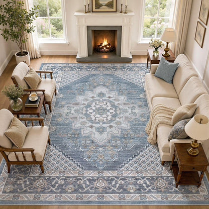 Tortania Area Rug 5x7 Living Room Rug Washable Soft Cream/Blue