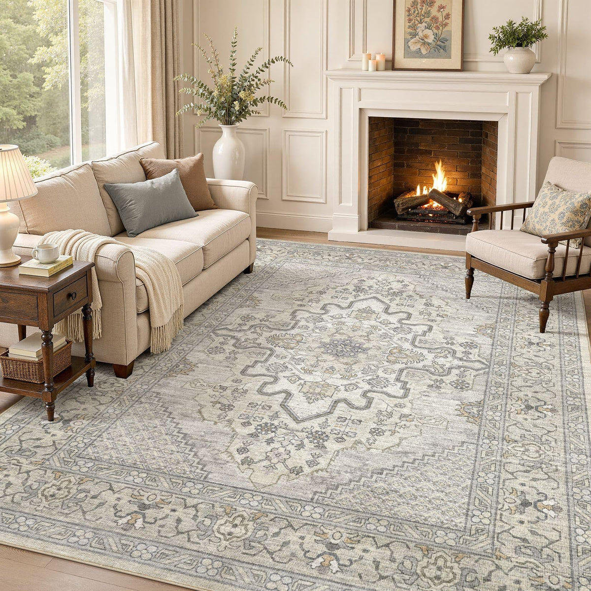 Tortania Area Rug 5x7 Living Room Rug Washable Soft Cream/Blue