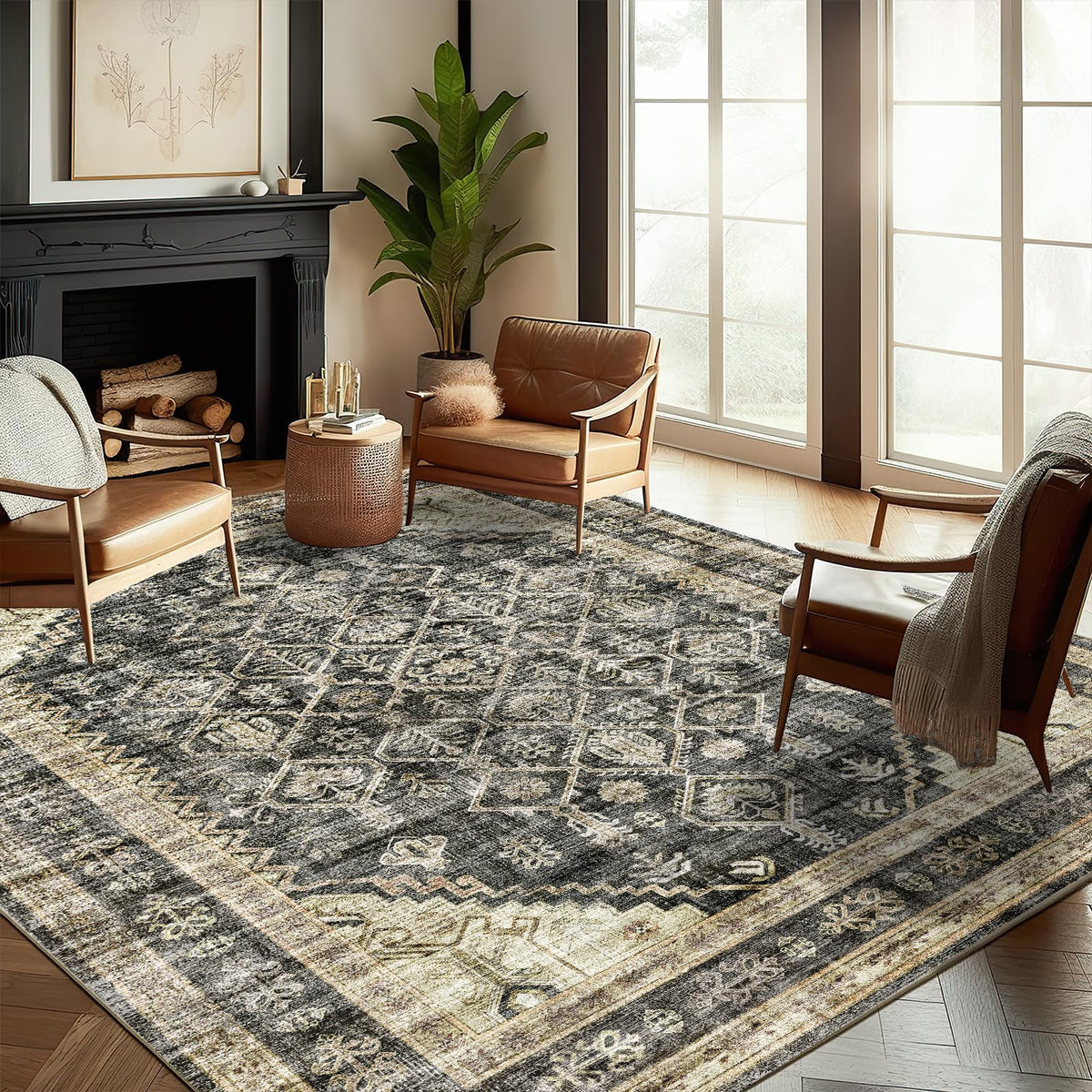 CHAMPLANT 6'x9' Washable Vintage Area Rug Boho Chic Medallion Distressed Design Non-Shedding Easy Care Ideal for High Traffic Areas in Living Room Bedroom Kitchen Office Large Carpet