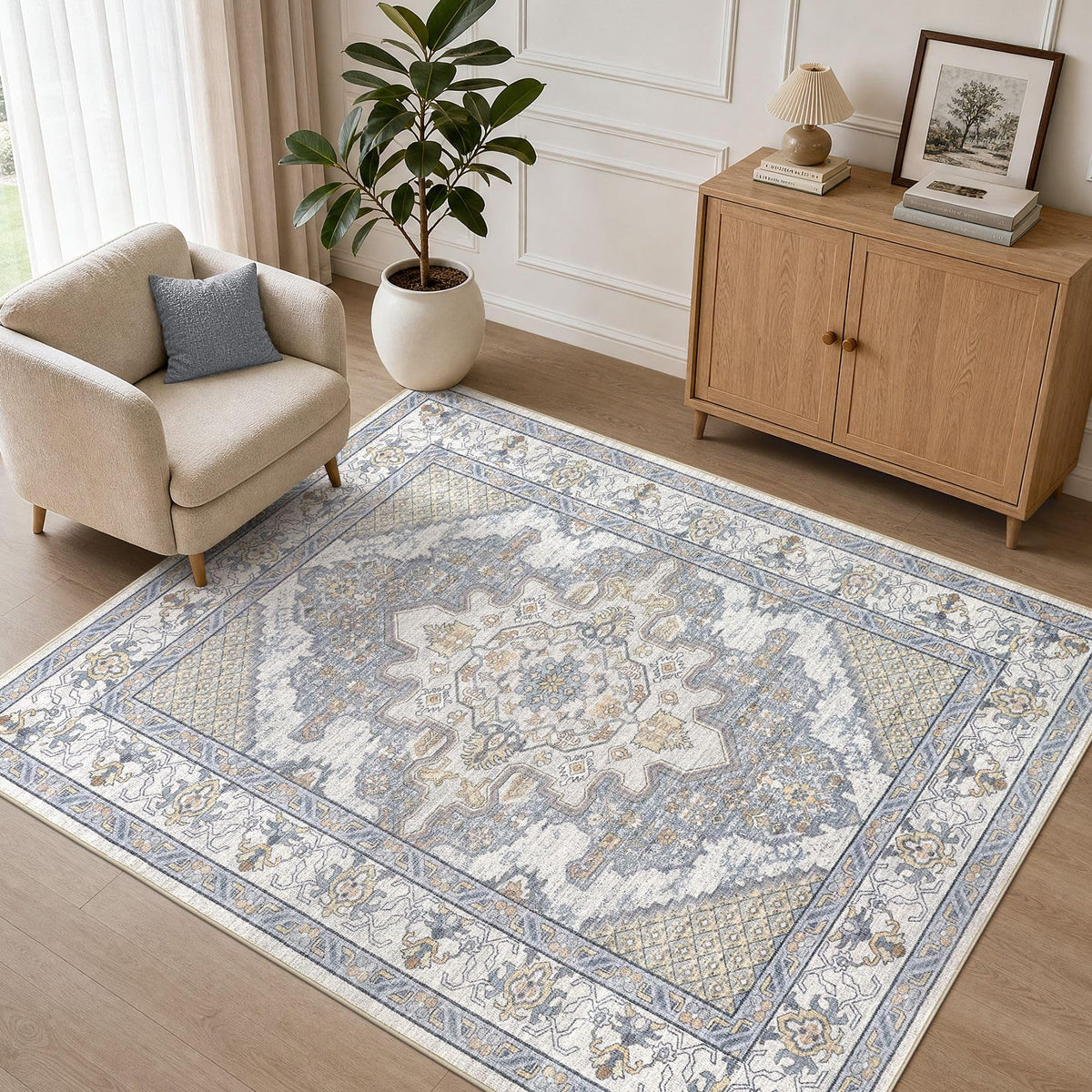 Tortania Area Rug 5x7 Living Room Rug Washable Soft Cream/Blue