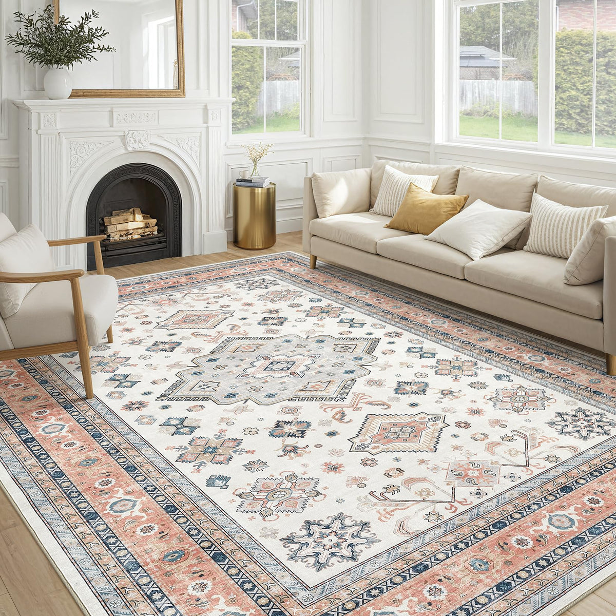 cotiled 5x7 Area Rug for Living Room, Washable, Traditional, Beige
