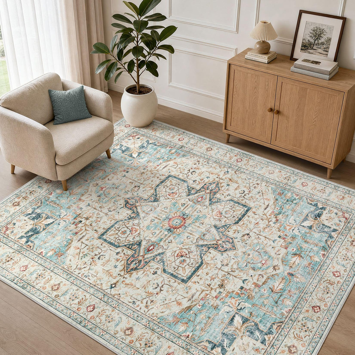 Tortania Area Rug 5x7 Living Room Rug Washable Soft Cream/Blue