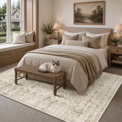 JOOJA 6x9 Brown Vintage Boho Washable Area Rug, Soft Low Pile Floor Carpet
