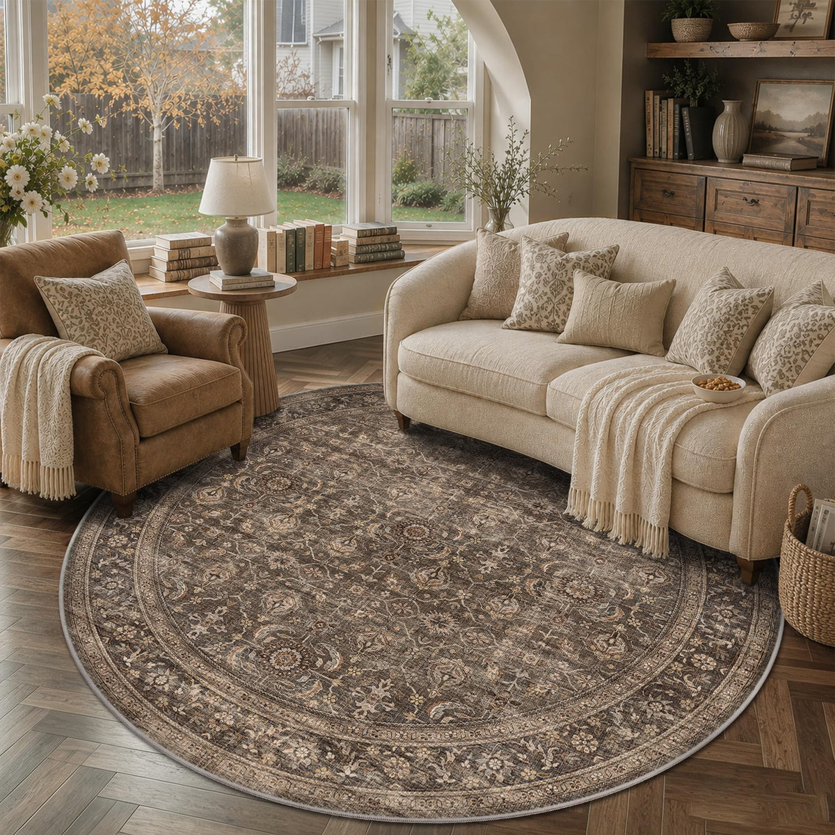 JOOJA 6x9 Brown Vintage Boho Washable Area Rug, Soft Low Pile Floor Carpet