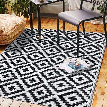 SAND MINE Waterproof Outdoor Rug 5x8 ft, Plastic Reversible Rug, Modern Area Rug, Large Floor Mat for Outdoors, RV, Patio, Backyard, Deck, Picnic, Beach, Camping, Black & Beige