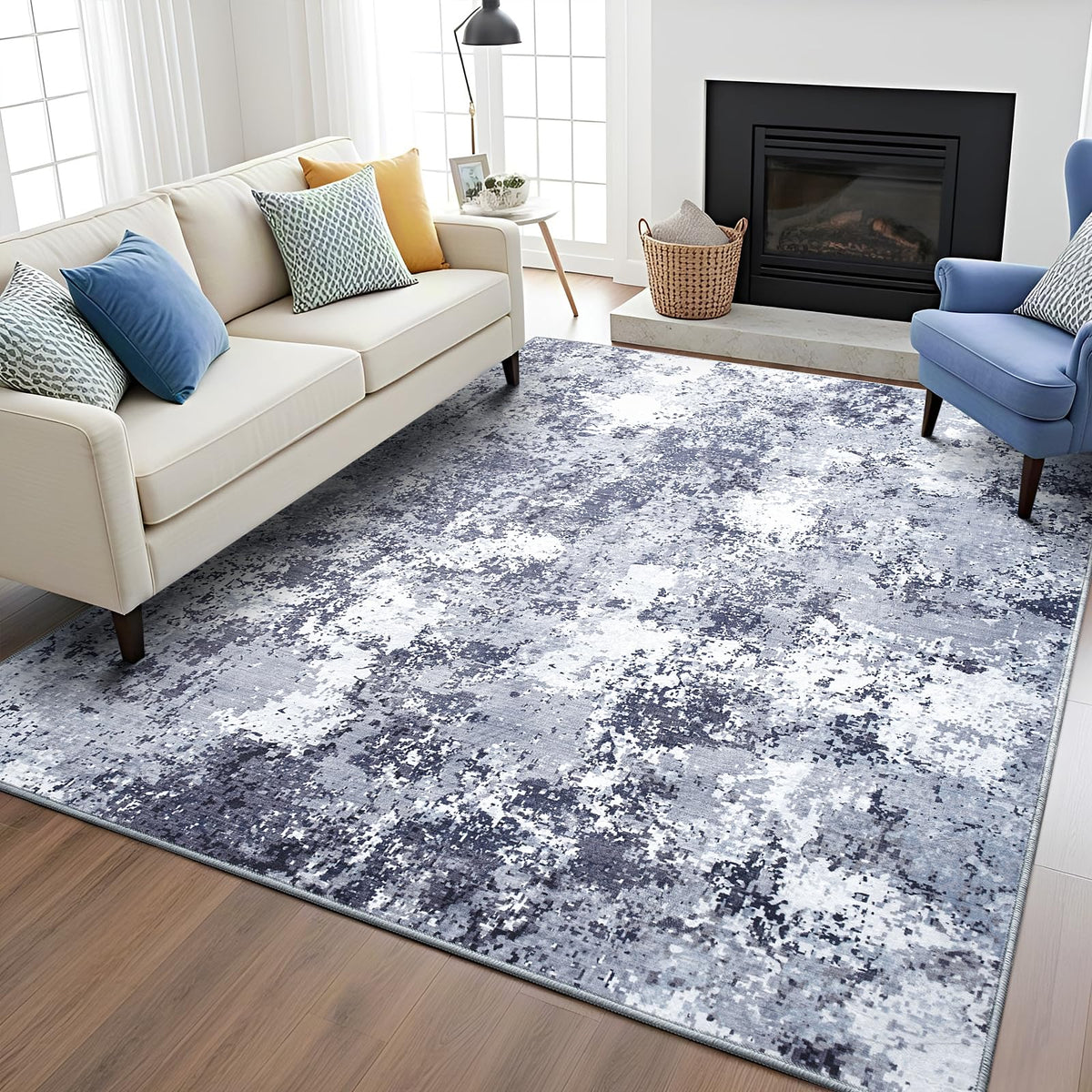Modern Abstract 3x5 Rug, Non Slip Entryway Rug, Soft Machine Washable Rugs for Indoor Entry, Low Pile Stain Resistant Distressed Rug for Living Room, Bedroom, Dark Grey Blue