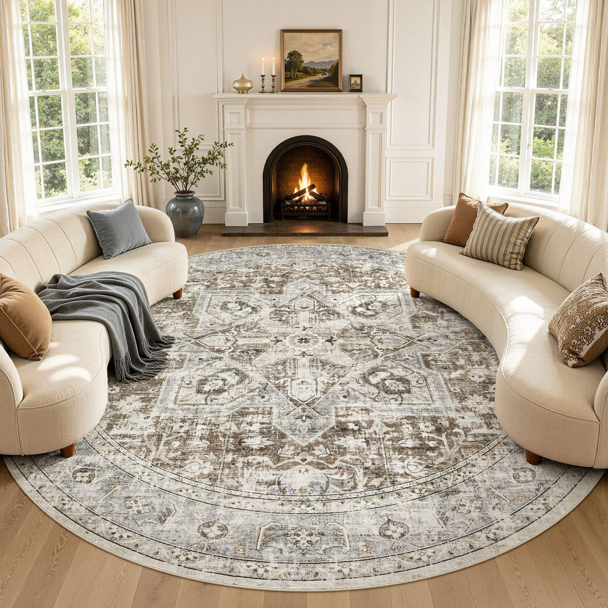 Tortania Area Rug 5x7 Living Room Rug Washable Soft Cream/Blue