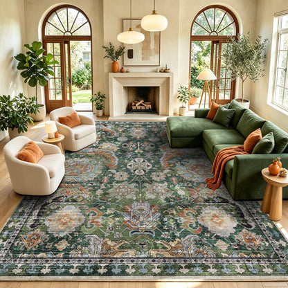 RUGSURE Washable Area Rugs - Perfect for Living Room, Bedroom, Kids Room, Nursery - Stain & Water Resistant Non-Slip, Pet & Child Friendly, Vintage Tribal Area Rugs (Green, 5' x 7')